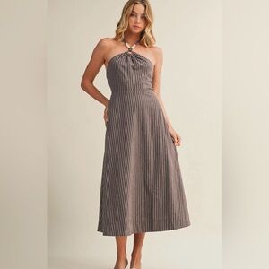 Mustard Seed, 🆕 Beaded Halter Striped Midi Dress mocha/White, Size S m l
